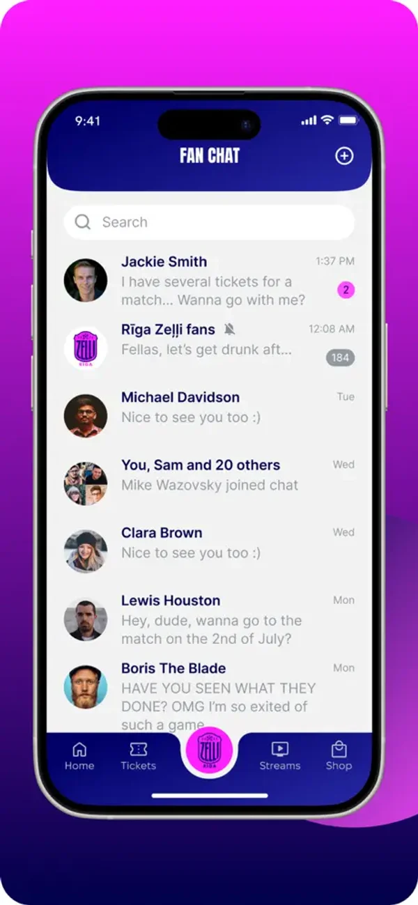 Rīgas Zeļļi app — fan chat